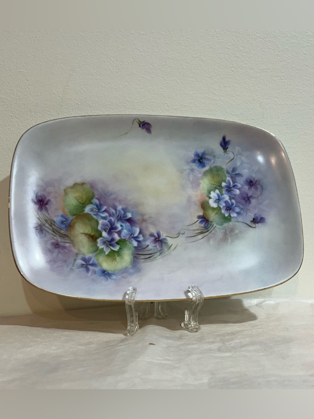 Vintage Signed HandPainted Vanity Dresser Tray Porcelain Dish Violets Gold Trim